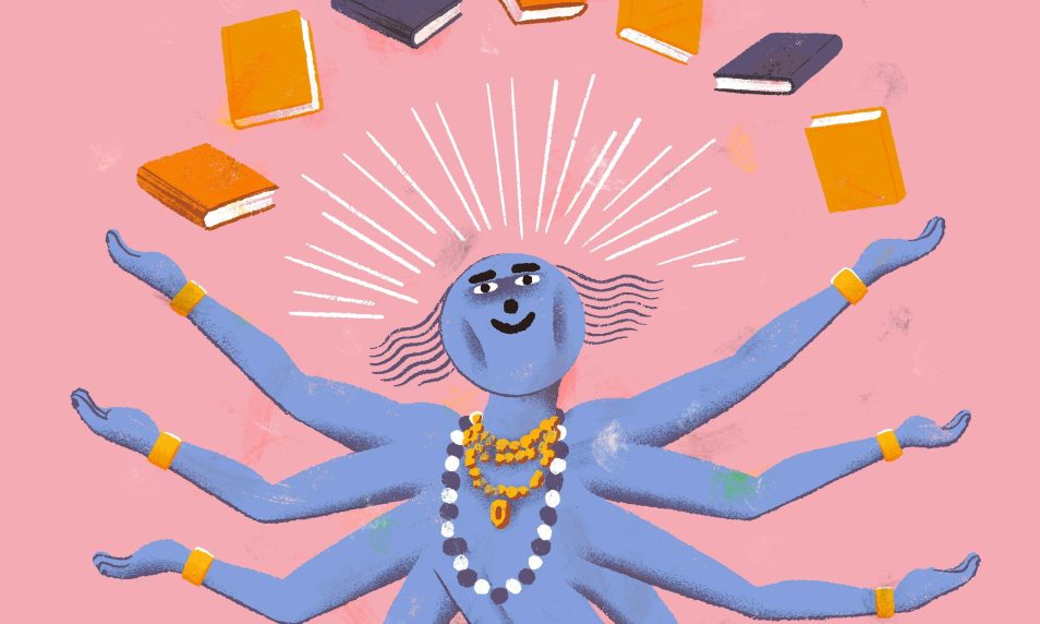 Kuvitus kirjastolaisesta ja kirjoista